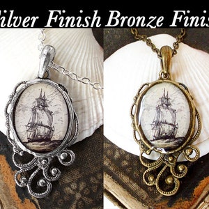 Haute mer - Collier bateau pirate - Pendentif ancien imprimé nautique en finition argent ou bronze - Bijoux pirate