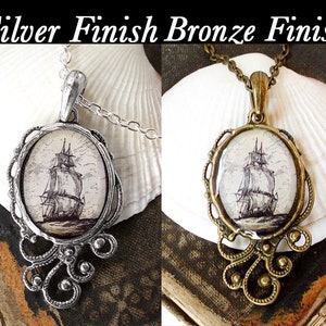 Haute mer - Collier bateau pirate - Pendentif imprimé nautique antique en finition argent ou bronze - Bijoux pirate