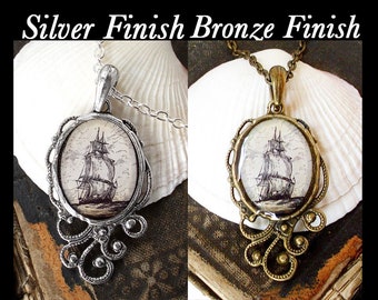 High Seas - Pirate Ship Necklace - Antique Nautical Print Pendant in Silver or Bronze Finish - Pirate Jewelry