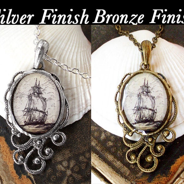 High Seas - Pirate Ship Necklace - Antique Nautical Print Pendant in Silver or Bronze Finish - Pirate Jewelry