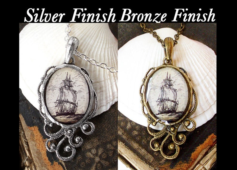 High Seas Pirate Ship Necklace Antique Nautical Print Pendant in Silver or Bronze Finish Pirate Jewelry image 1