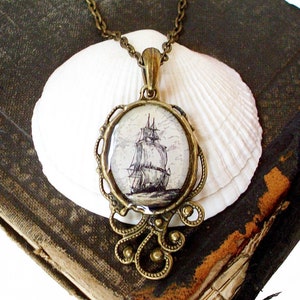 High Seas Pirate Ship Necklace Antique Nautical Print Pendant in Silver or Bronze Finish Pirate Jewelry Bronze Finish