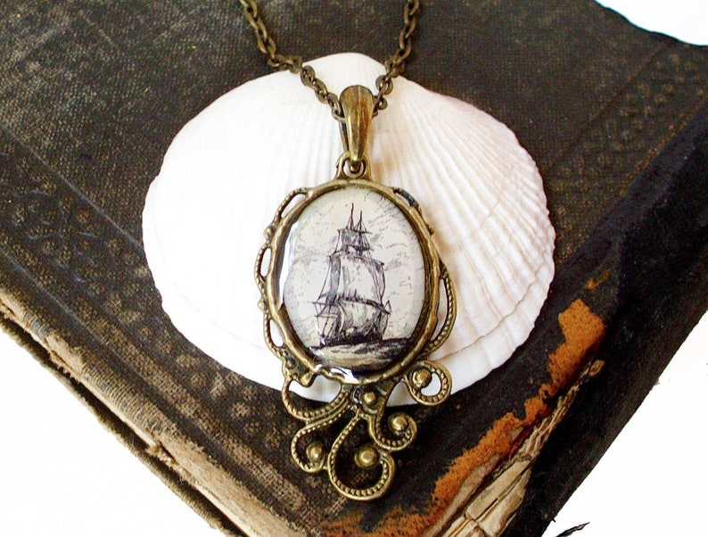 High Seas Pirate Ship Necklace Antique Nautical Print Pendant in Silver or Bronze Finish Pirate Jewelry Bronze Finish