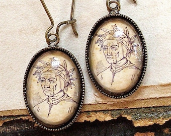 Dante Earrings - Durante degli Alighieri - Antique Print Dangle Earrings in Silver or Bronze