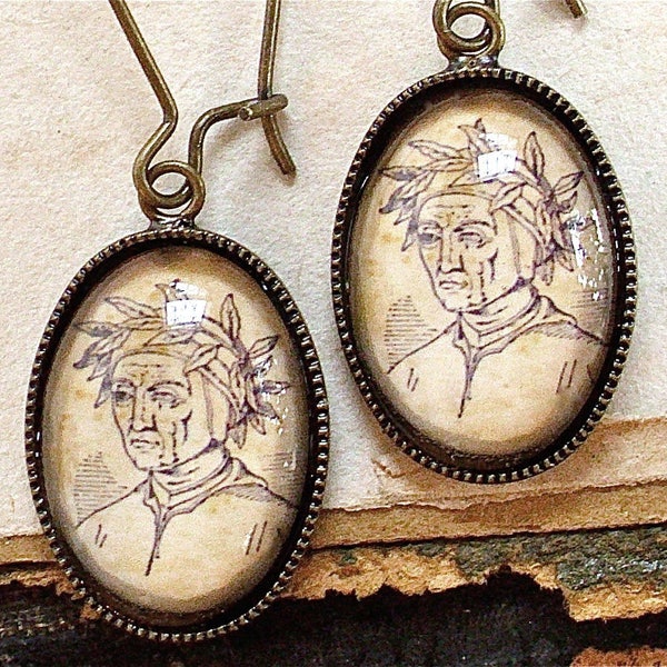 Dante Earrings - Durante degli Alighieri - Antique Print Dangle Earrings in Silver or Bronze