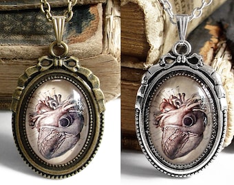 Anatomical Heart Necklace - Antique Anatomy Print Pendant w/ Chain in Silver Finish or Bronze - Oddities