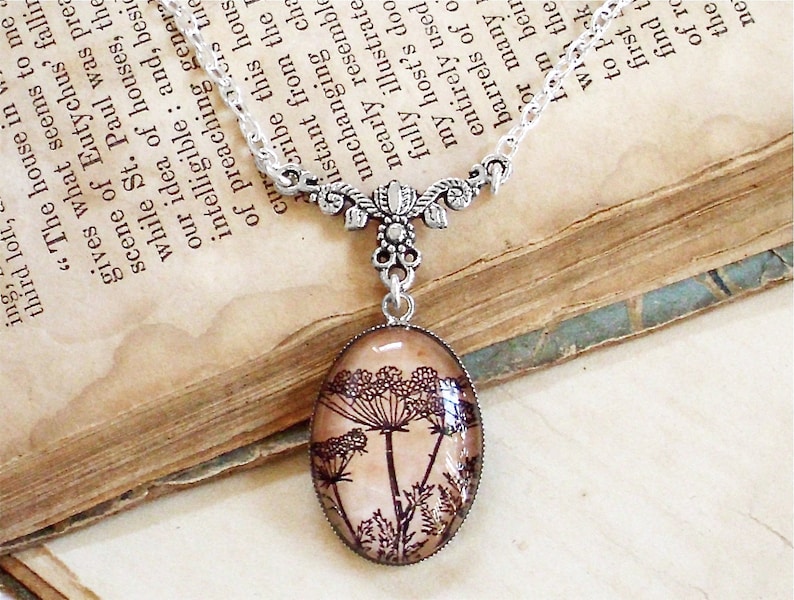 Poison Hemlock Necklace - Antique Botanical Print Pendant in Bronze or Silver image 2