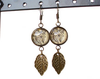 Beer Hops Dangle Earrings - Hops and Leaf - Antique Botanical Print Dangle Earrings in Bronze