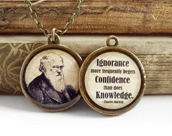 Charles Darwin Necklace - DOUBLE-SIDED Darwin Quote Pendant in Bronze or Silver