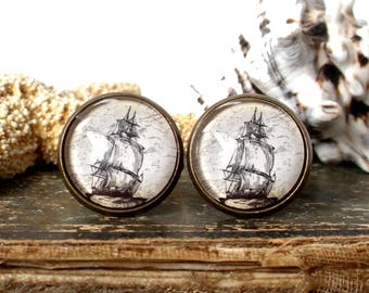 Pirate Cufflinks / Pirate Ship Cuff links - Nautical Cuff Links In Bronze , Silver Finish , or Stainless Steel - Pirate Jewelry