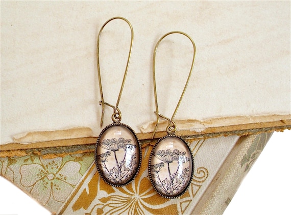 Poison Hemlock Earrings - Antique Botanical Print Dangle Earrings in Bronze or Silver Finish