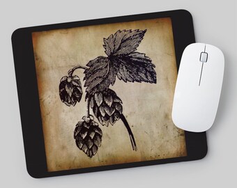 Beer Hops Mousepad - Antique Botanical Print Mouse Pad - Home Brew - Microbrew - Office