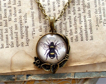Honey Bee Necklace - Antique Insect Print Pendant in Bronze or Silver Finish - Bumble Bee