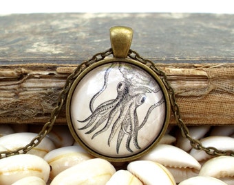 Cuttlefish Necklace - Antique Cephalopod Print Pendant in Bronze or Silver Finish - Nautical Pendant with Chain