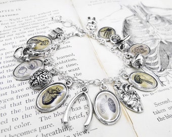The Anatomy Book - Antique Anatomical Print Charm Bracelet in Silver Finish - Oddities - Heart - Lungs - Brain - Skeleton - Uterus - Eye