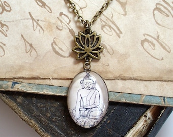 SALE - Buddha Necklace - Buddhist / Buddhism Jewelry - Lotus Chain in Bronze or Silver - Yoga