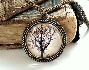 Tree Necklace - Tree Silhouette Pendant in Bronze or Silver on Popcorn Chain