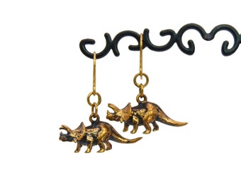 Dinosaur Earrings - Vintage Triceratops  or Stegosaurus Charm Dangle Earrings in Bronze Gold Finish - Dino Dangle Earrings
