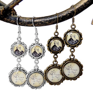 May include: A pair of dangle earrings with two charms. The top charm features a portrait of Charles Darwin. The bottom charm features a diagram of a phylogenetic tree. The earrings are available in silver and bronze.