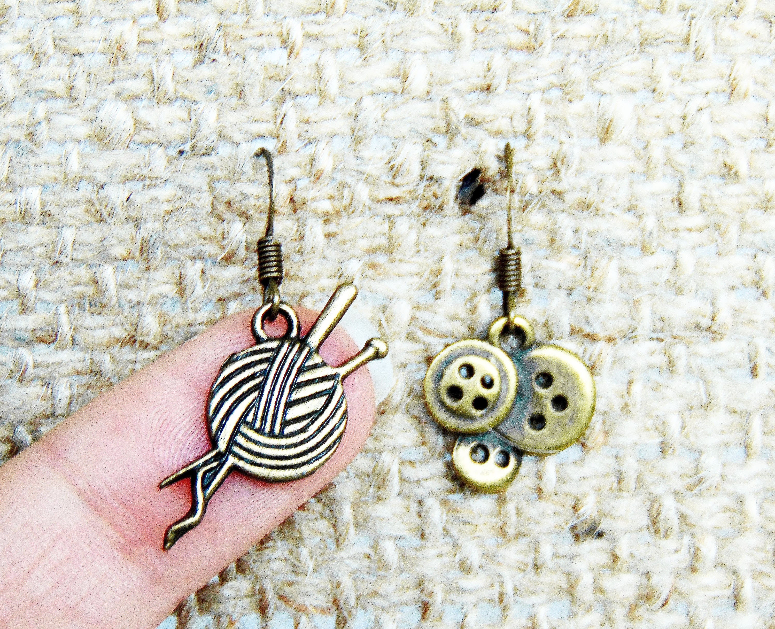 SALE Knitting Earrings Sewing Craft Dangle Earrings in Bronze