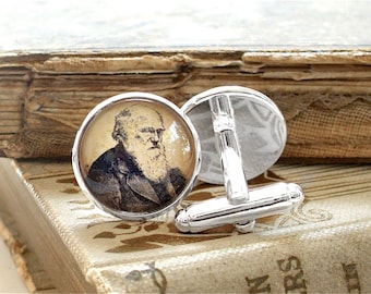 SALE - Charles Darwin Cufflinks - Darwin Cuff Links in Silver or Stainless Steel - Science Cuff Links
