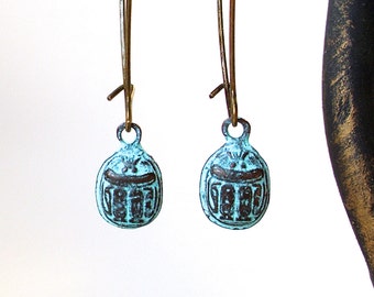 Scarab Earrings - Ancient Bronze Patina Egyptian Scarab Beetle Dangle Earrings in Bronze and Copper