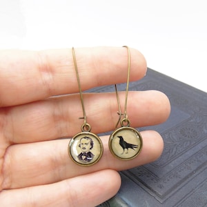 Edgar Allan Poe Earrings - The Raven Earrings - Little Antique Print Dangle Earrings In Bronze or Silver Finish