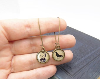Edgar Allan Poe Earrings - The Raven Earrings - Little Antique Print Dangle Earrings In Bronze or Silver Finish