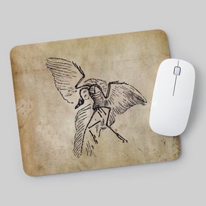 Peut inclure: Un tapis de souris de style vintage avec un dessin au trait noir et blanc d'un squelette d'oiseau sur un fond brun.