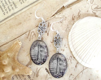Lighthouse Earrings - Antique Nautical Print Dangle Earrings in Silver - Nautical Earrings