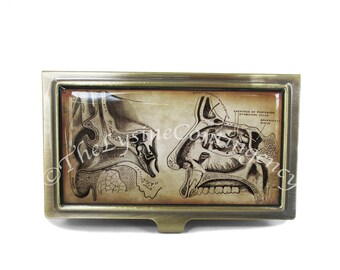 ENT Ear Nose And Throat Card Case in Brushed Brass - Anatomy ID Case or Wallet - Antique Print - Doctor