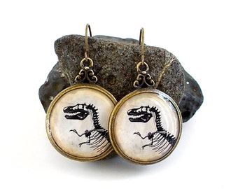 Dinosaur Earrings - T Rex - Tyrannosaur Dangle Earrings in Bronze