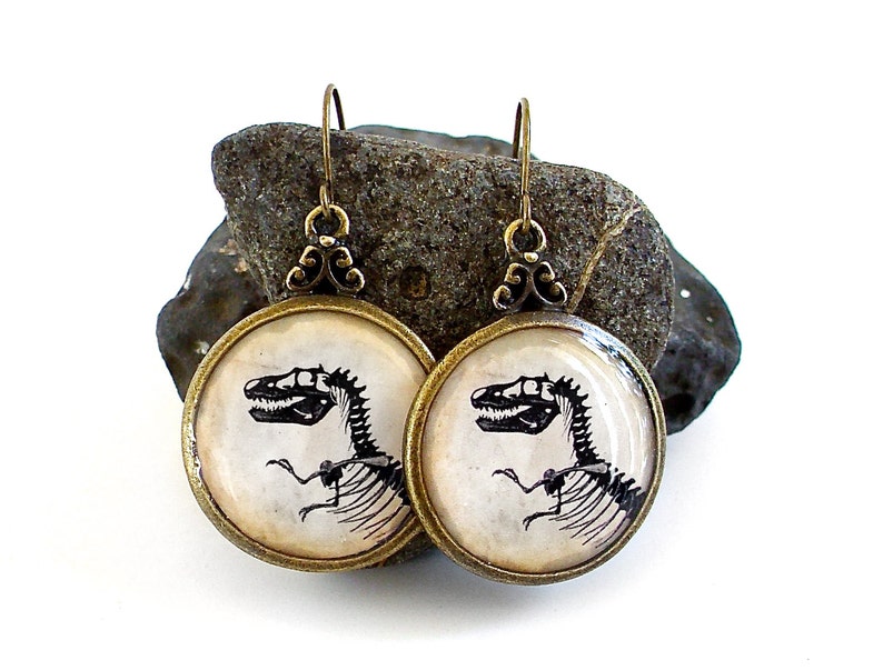 Dinosaur Earrings T Rex Tyrannosaur Dangle Earrings in Bronze image 1