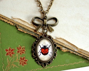 Ladybug Necklace in Bronze or Silver Finish - Antique Insect Print Pendant - Spring - Summer - Cottage Chic