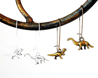 DINO SALE - Dinosaur Earrings - Dino Dangle Earrings in Silver or Bronze - Brontosaurus and Tyrannosaurus Rex / T Rex