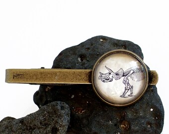 Dinosaur Tie Clip - Triceratops Tie Bar in Bronze Or Silver Finish - Dinosaur Wedding - Fossil - Paleontologist