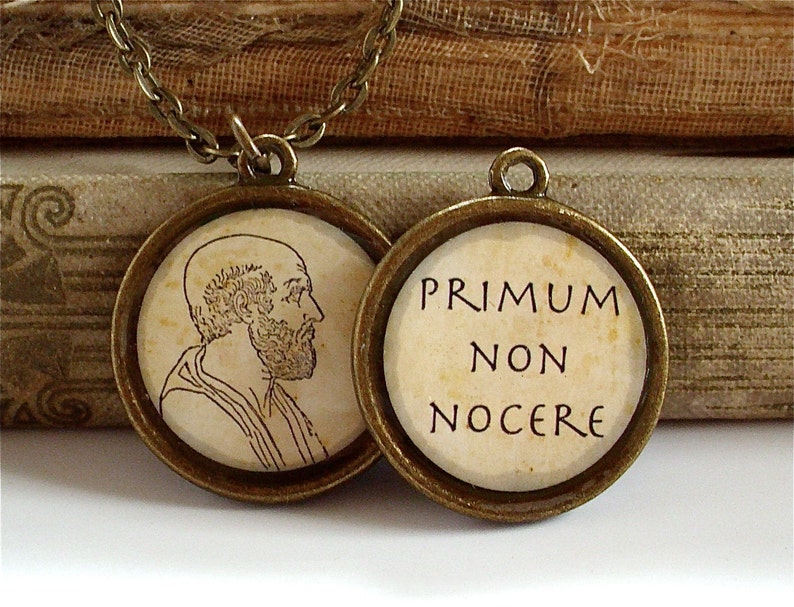 Hippocrates Necklace Hippocratic Oath DOUBLE SIDED Philosophy Necklace in Bronze or Silver image 1