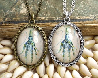 Giant Squid Attack! - Squid Necklace in Bronze or Silver - Nautical Jewelry - Blue and Green