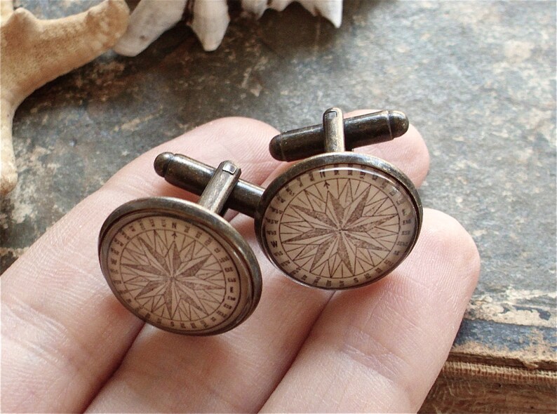 SALE Compass Cufflinks Compass Cuff Links In Bronze Pirate Jewelry Nautical image 5