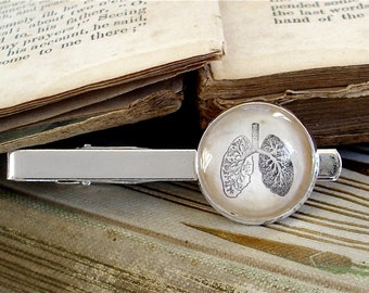 Lung Tie Clip - Antique Anatomy Print Lungs Tie Bar in Bronze or Silver Finish
