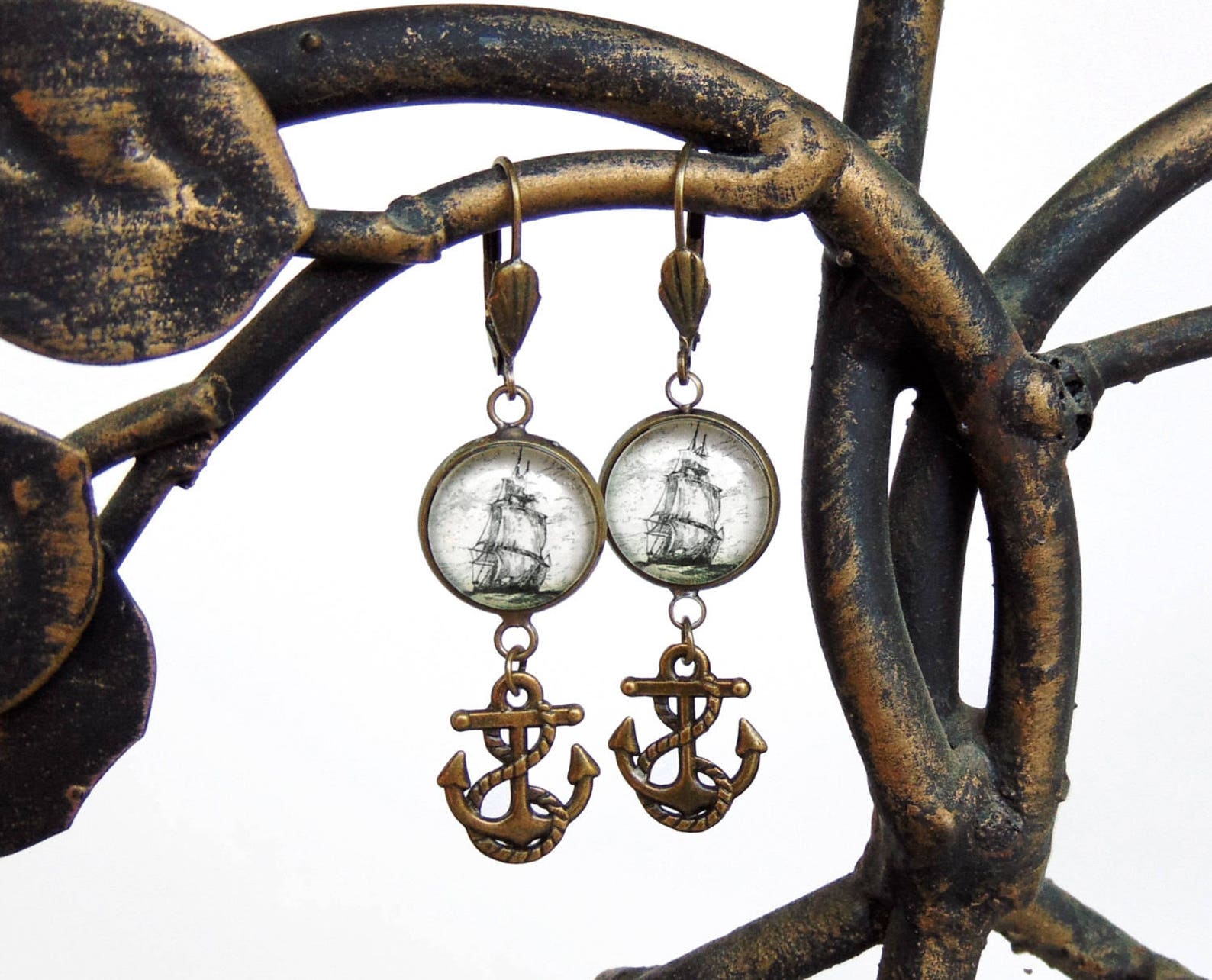 Pirate Ship Earrings With Anchor Antique Nautical Print Etsy