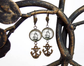 Pirate Ship Earrings with Anchor - Antique Nautical Print Dangle Earrings in Bronze or Silver Finish - Pirate Jewelry