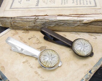 Compass Tie Clip - Antique Nautical Print Tie Bar in Bronze or Silver Finish - Pirate Jewelry