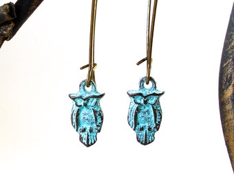 Owl Earrings - Little Greek Bronze Antique Patina Owl Dangle Earrings