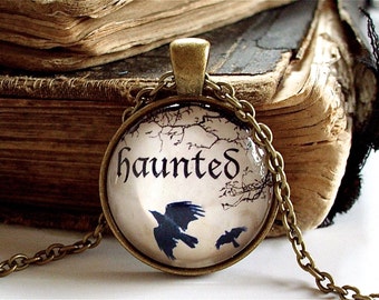 Goth Necklace - Spooky - Haunted - Raven Necklace - Crow Necklace - Birds and Tree Silhouette Pendant