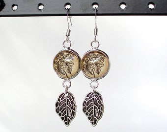 Beer Hops Earrings - Hops and Leaf - Antique Botanical Print Dangle Earrings in Silver