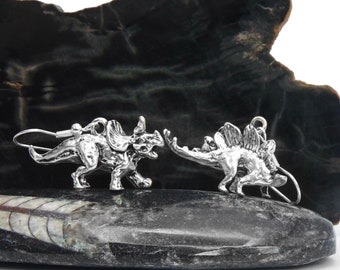 Dinosaur Earrings - Stegosaurus and Triceratops Earrings in Silver Finish - Mismatched or Matching Set