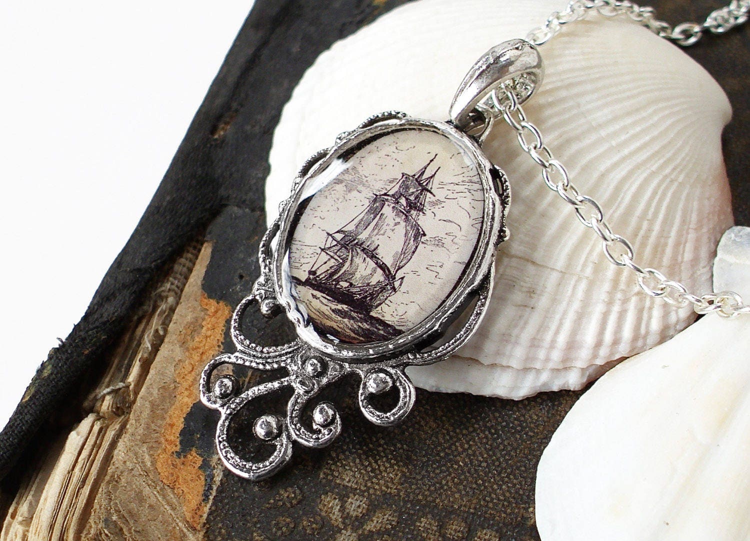 High Seas Pirate Ship Necklace Antique Nautical Print Pendant in