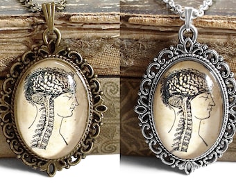 Anatomical Brain Necklace - Brain and Spine Man - Antique Anatomy Print Pendant in Bronze and Silver Finish