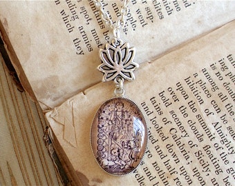 Durga Necklace - Hindu God / Goddess Necklace with Lotus Connector in Bronze or Silver Finish - Yoga